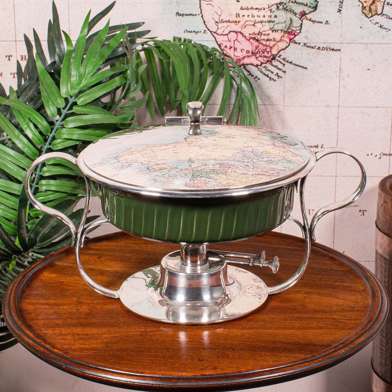Antique Food Warmer, English Ceramic, Silver Plate, Chafing Heat Dish, Edwardian photo for sale