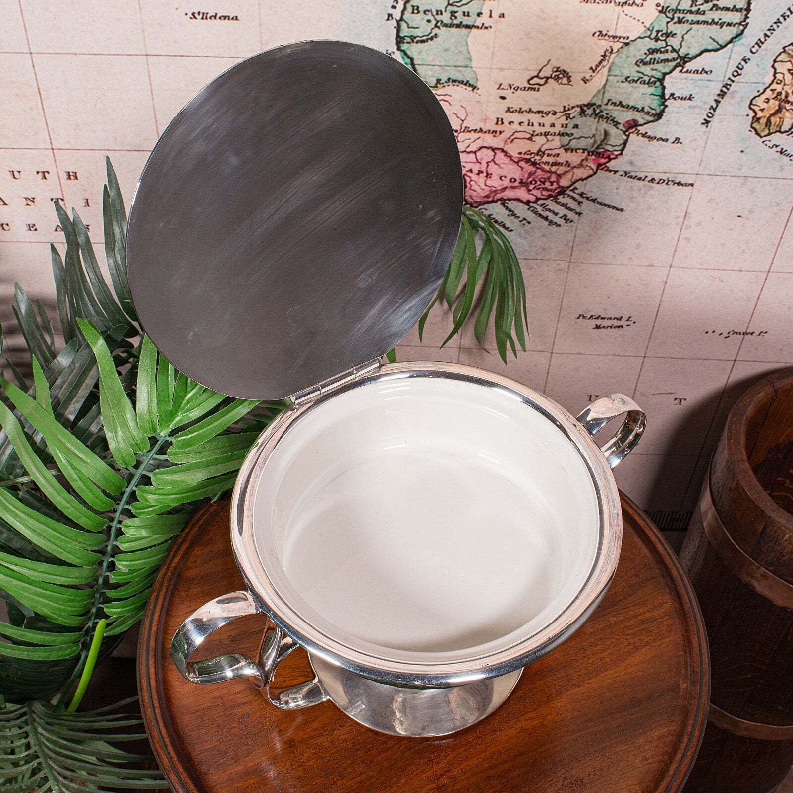 Antique Food Warmer, English Ceramic, Silver Plate, Chafing Heat Dish, Edwardian photo vintage