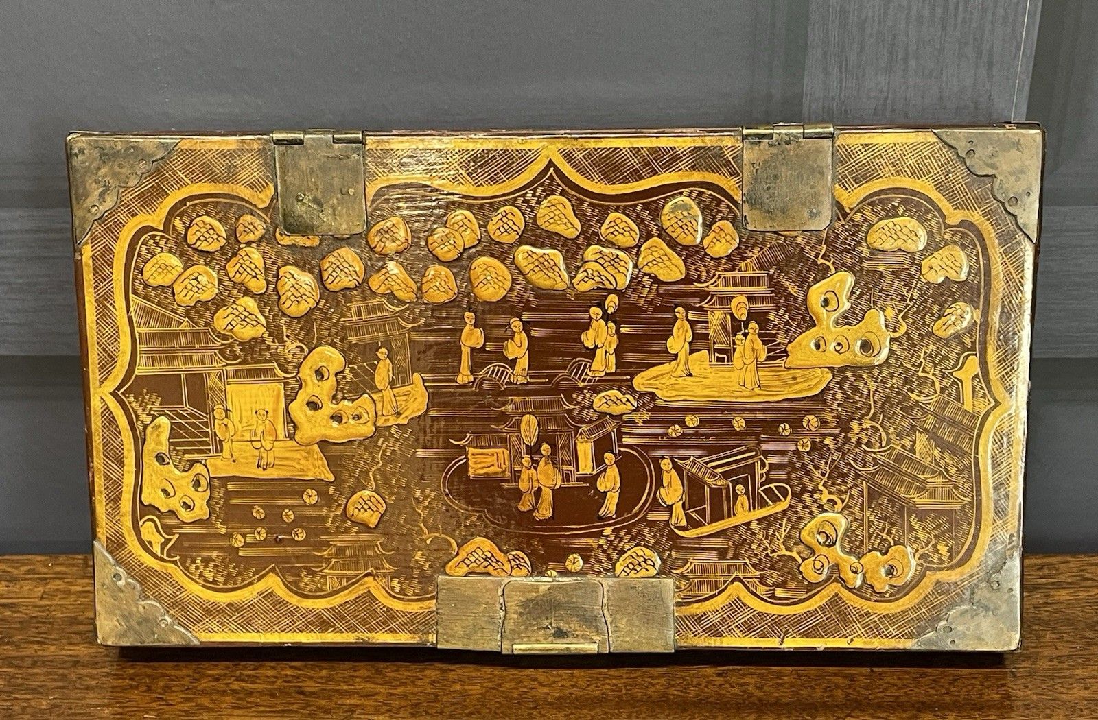 Rare Antique Chinese Lacquer Red & Gold Writing Artist Box Qing Dynasty