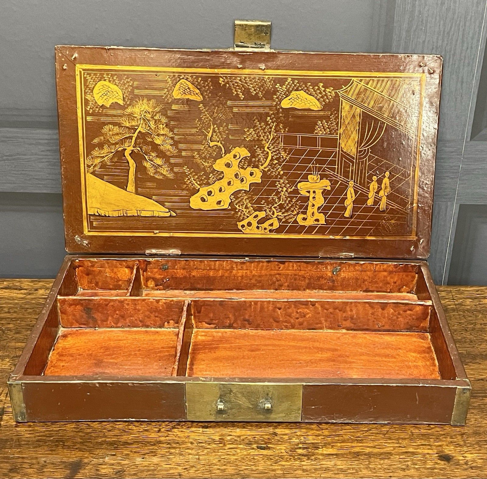 Rare Antique Chinese Lacquer Red & Gold Writing Artist Box Qing Dynasty photo for sale