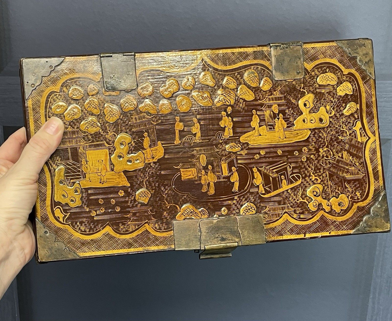 Rare Antique Chinese Lacquer Red & Gold Writing Artist Box Qing Dynasty photo Home Decor