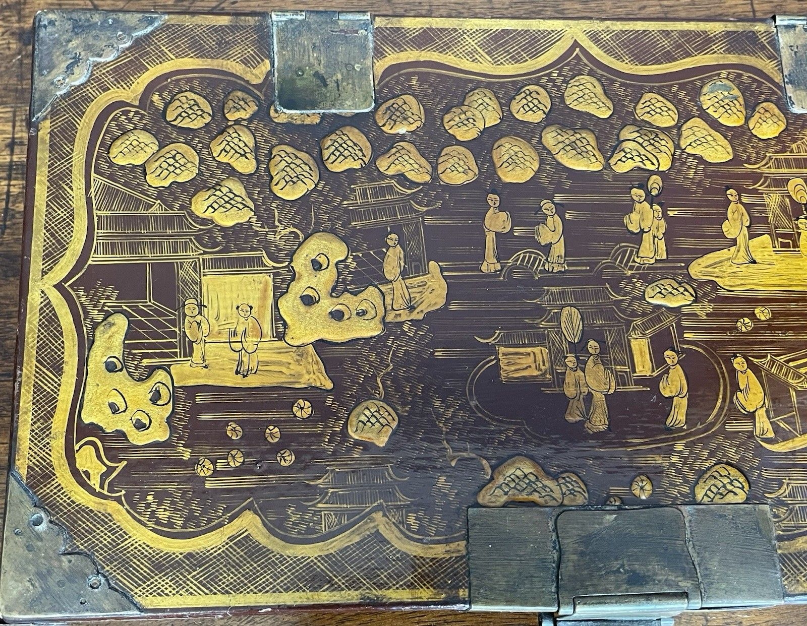 Home Decor Rare Antique Chinese Lacquer Red & Gold Writing Artist Box Qing Dynasty photo