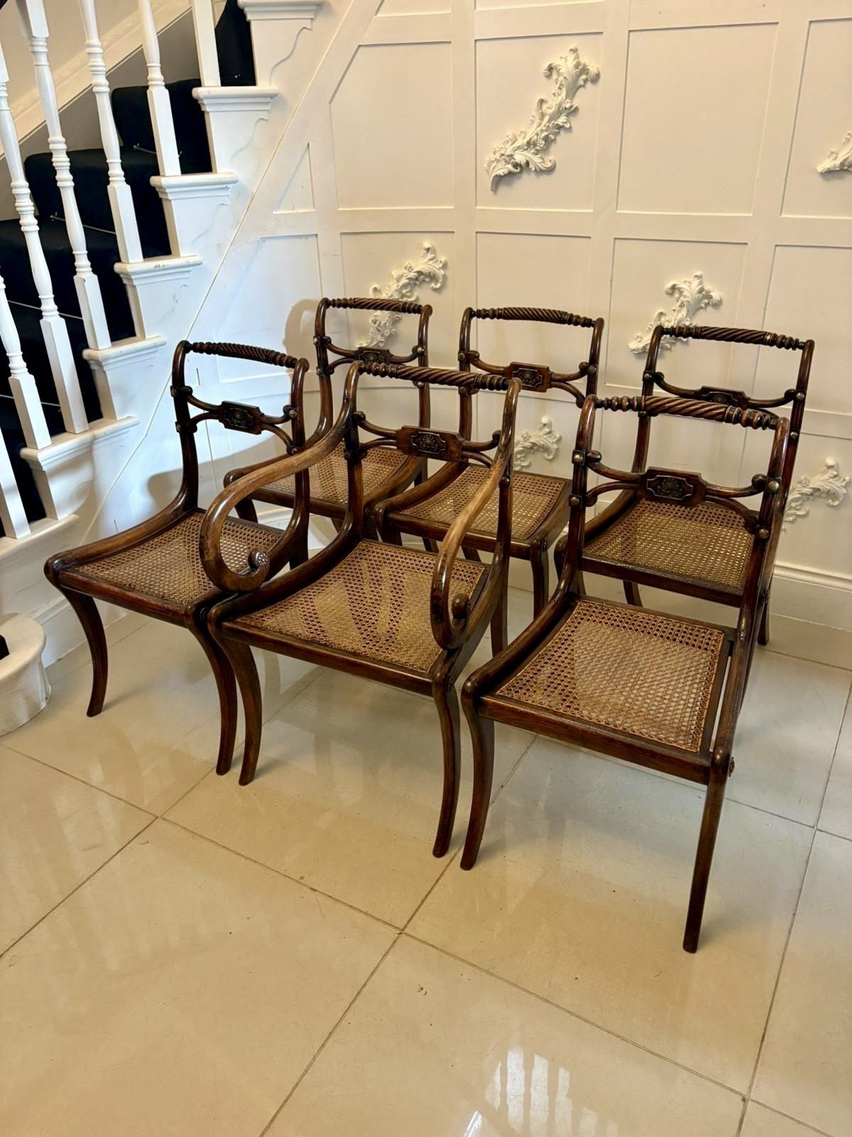 Antique 19th Century Mahogany Dining Chairs – Set Of Six With Cane Seats, Five Singles & One Carver