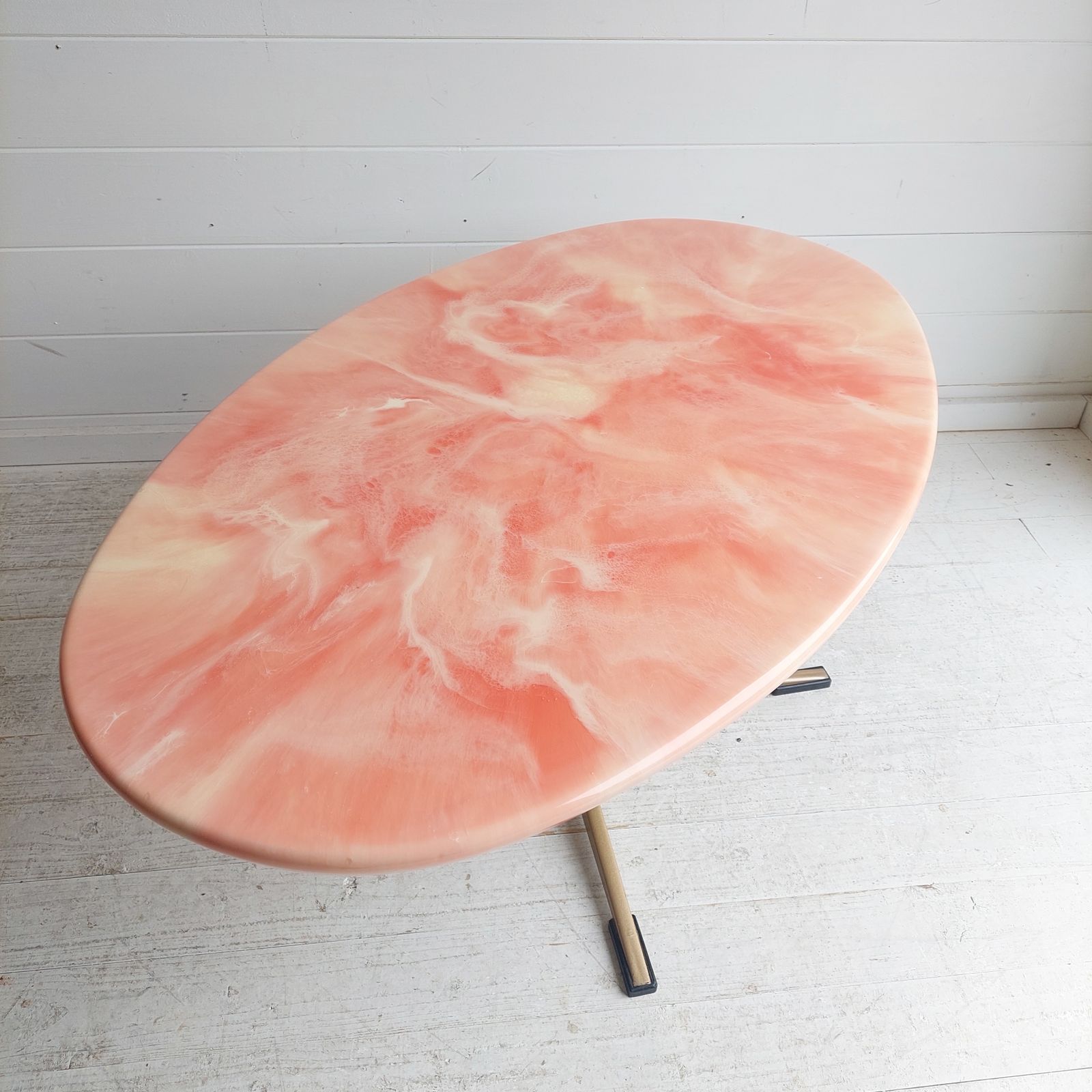 Mid Century Pink Oval Coffee Table Onyx Resin And Gilt Metal X Base, Italy 1970s photo furniture