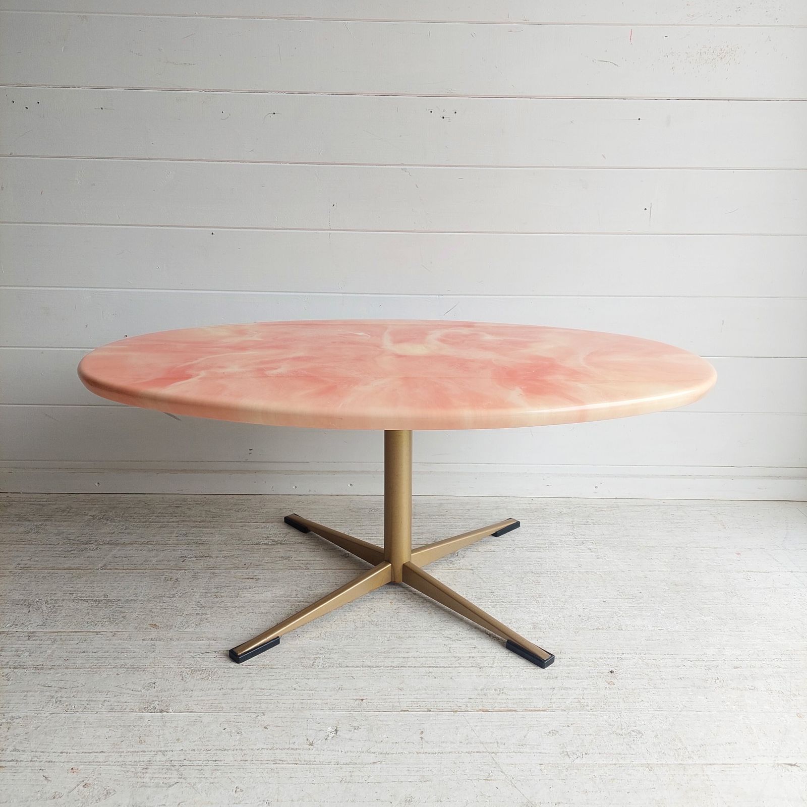 Mid Century Pink Oval Coffee Table Onyx Resin And Gilt Metal X Base, Italy 1970s photo for sale