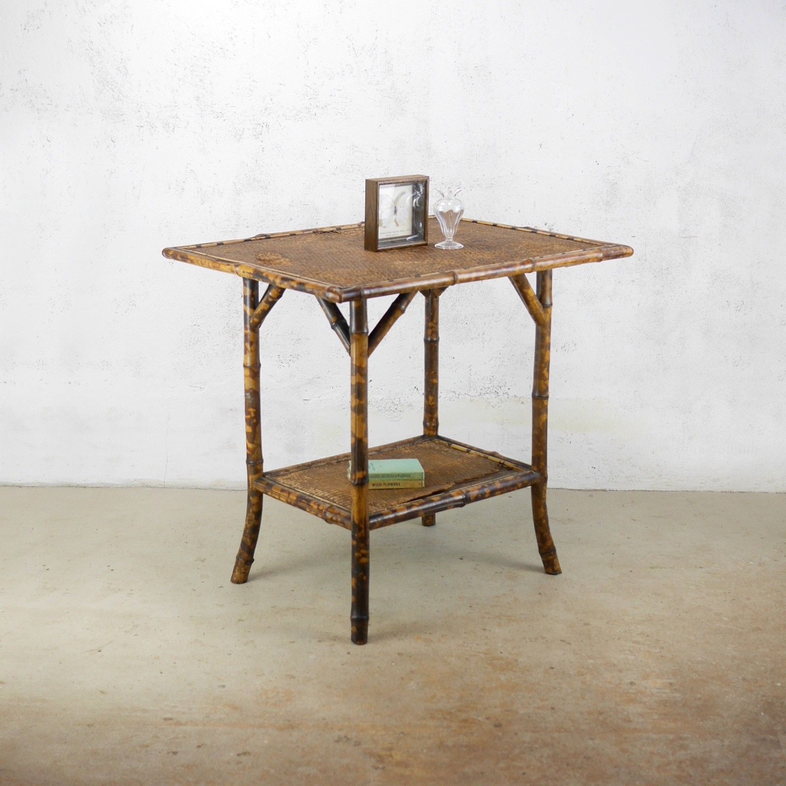 Large Antique Bamboo Two Tier Side Occasional Table Plant Stand Rattan #103104