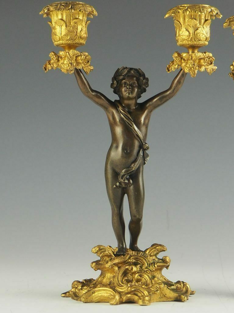 photo for sale Pair Of 19th Century Bronze And Ormolu Twin Light Cherub Candelabra