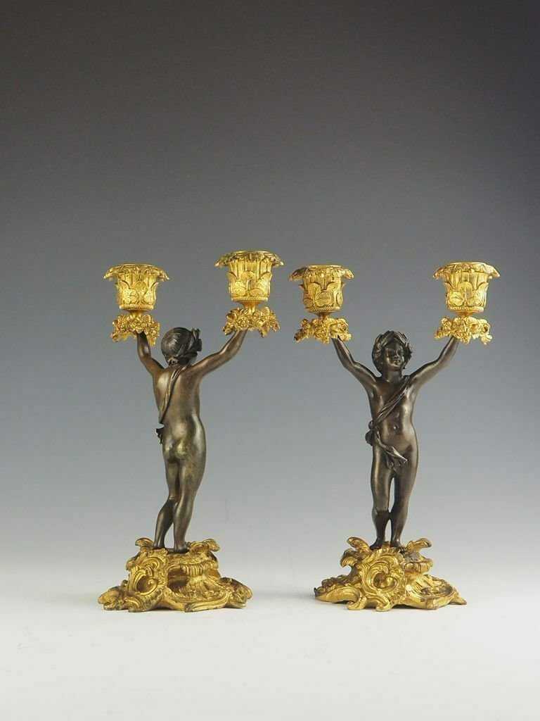 photo vinterior Pair Of 19th Century Bronze And Ormolu Twin Light Cherub Candelabra