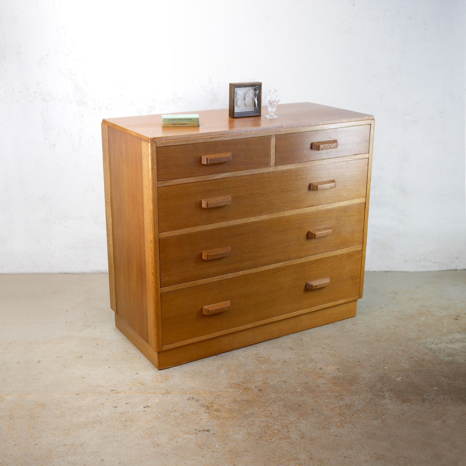 Vintage Mid Century Chest 5 Drawers Plan Chest Mod Air Ministry Oak #103059 photo Furniture
