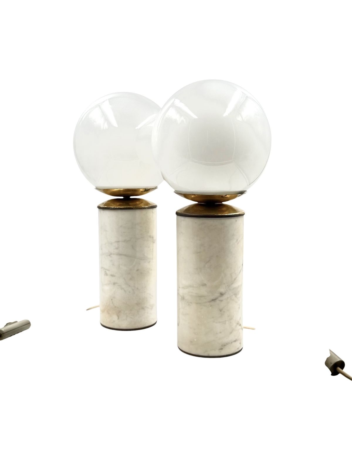 Hollywood Regency Set Of 2 Carrara Marble & Brass Table Lamps, Lucirhytmo Italy 1970s photo buy