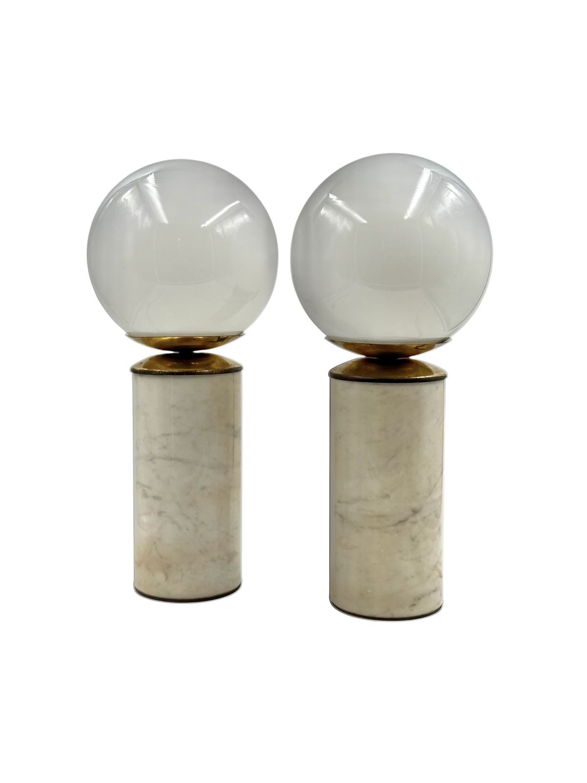 2500.0 Hollywood Regency Set Of 2 Carrara Marble & Brass Table Lamps, Lucirhytmo Italy 1970s photo
