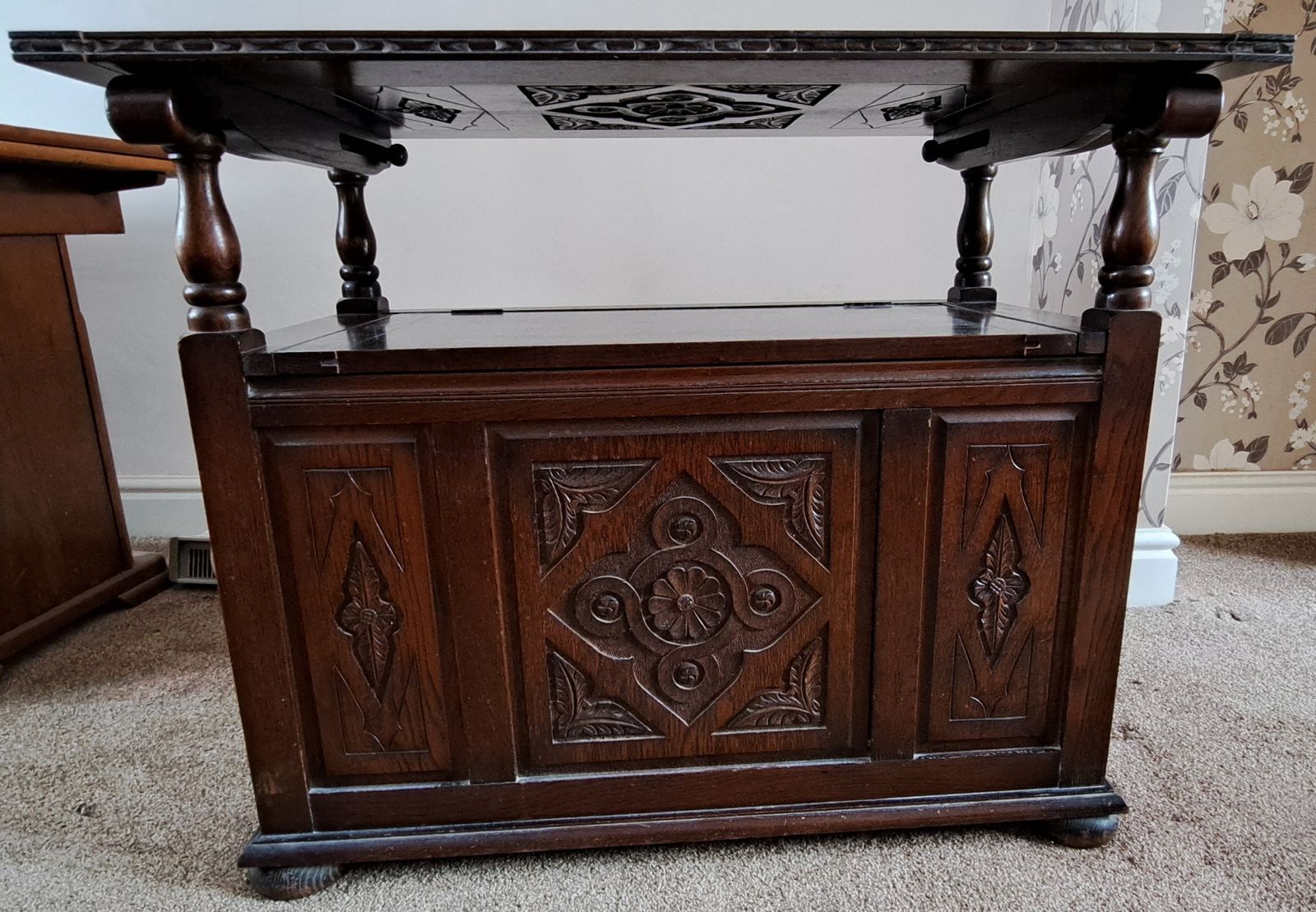 Beautiful Antique Oak Monk's Bench With Carved Panels photo furniture
