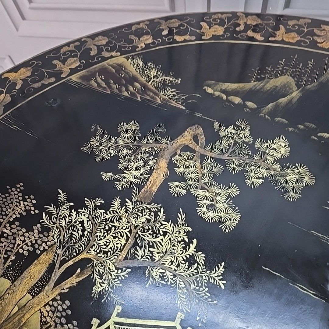 photo vinterior Antique Tilt Top Table Chinoiserie Lacquered Oriental Chinese Tripod Vintage
