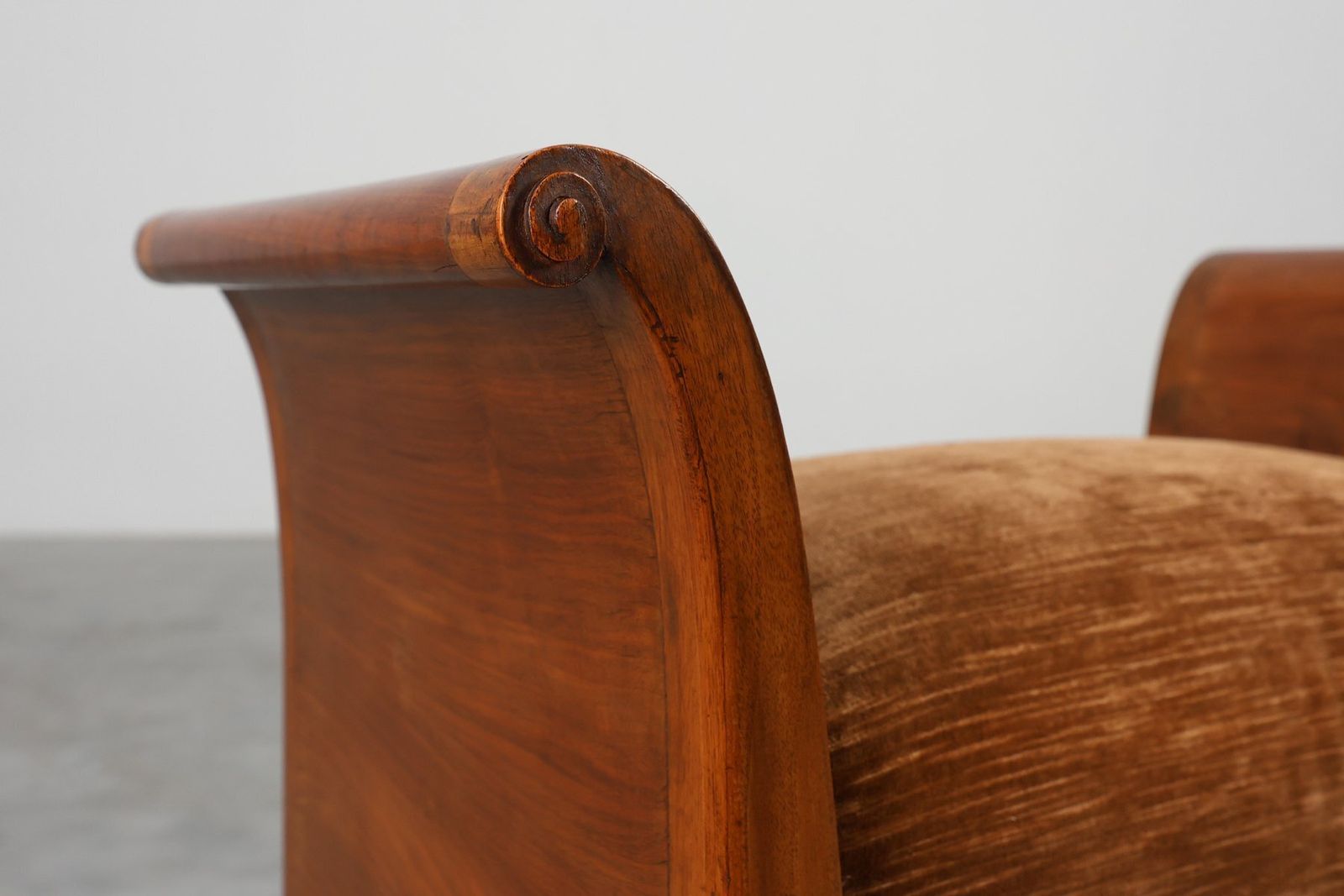 Art Deco Walnut Stool With Velvet Upholstery, Italy, 1920s photo for sale
