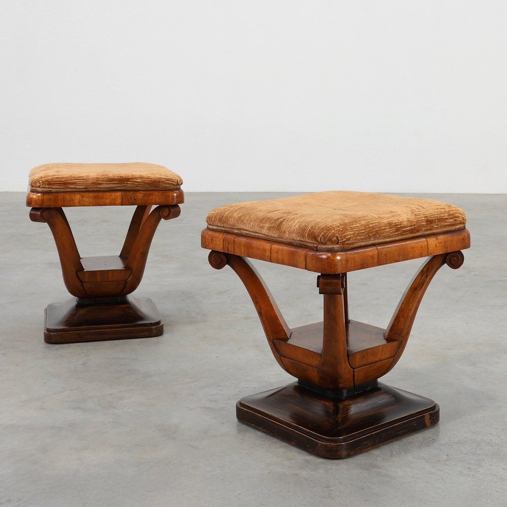 Art Deco Walnut Stools With Fabric, Italy, 1920s, Set Of 2