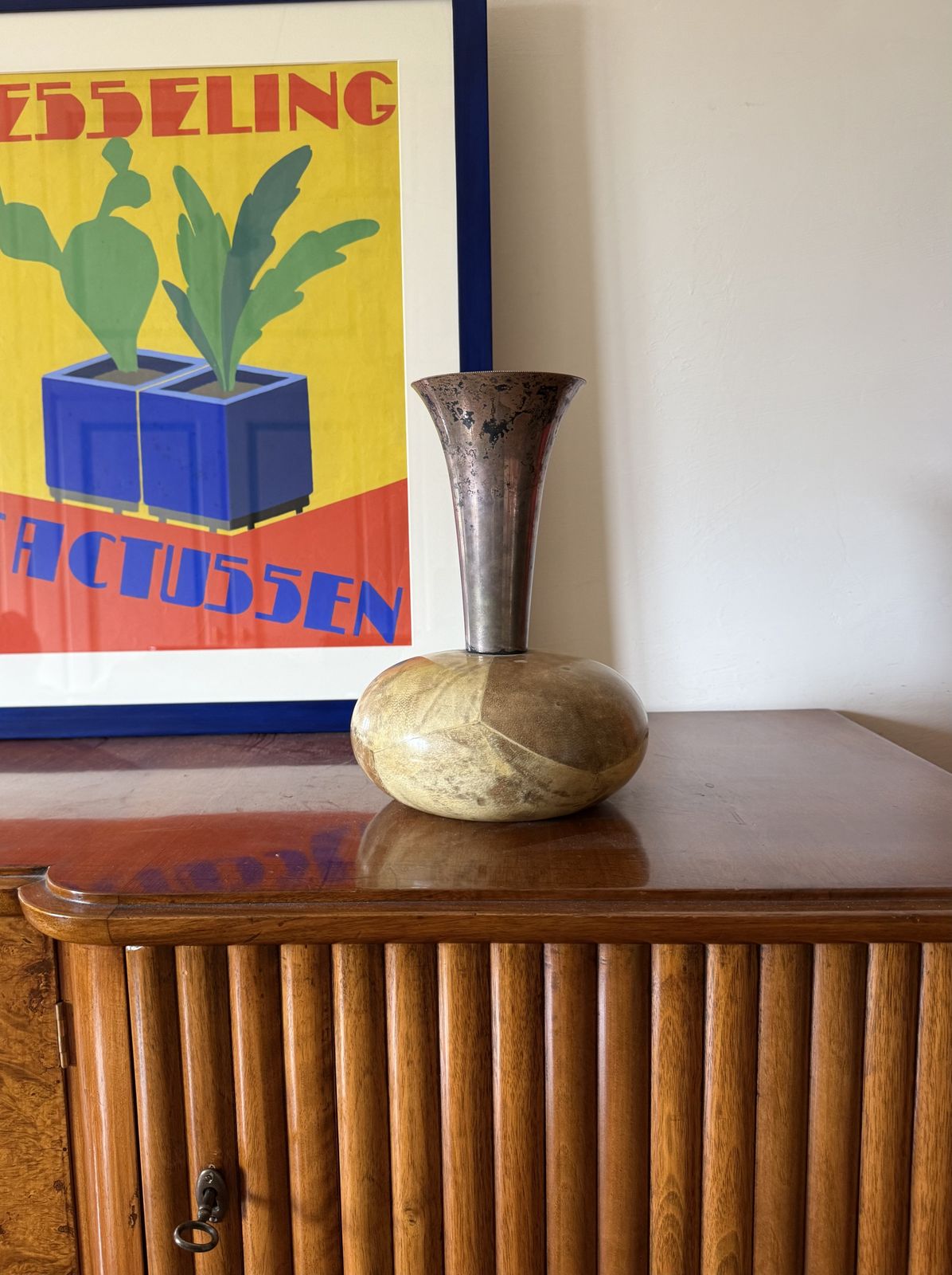 Mid Century Cream Parchment Vase, Aldo Tura Italy 1950s photo vintage