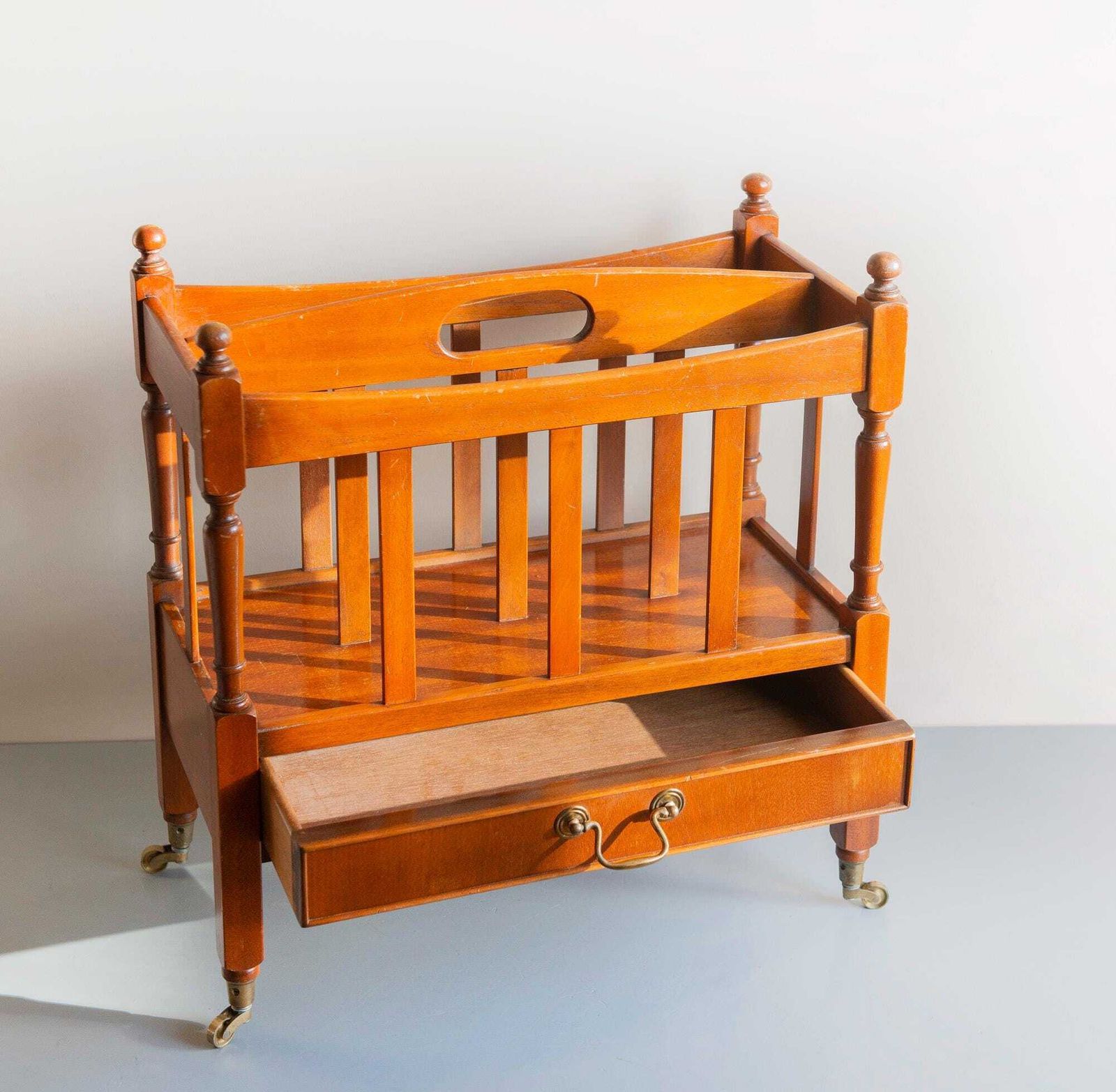 Vintage Wooden Magazine Rack Trolley With Drawer And Wheels   Mid Century Book Storage Unit photo Home Decor