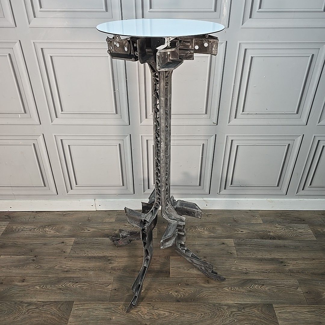 Industrial Tall Table Plant Stand Up Cycled Land Rover Car Parts Metal Base photo furniture
