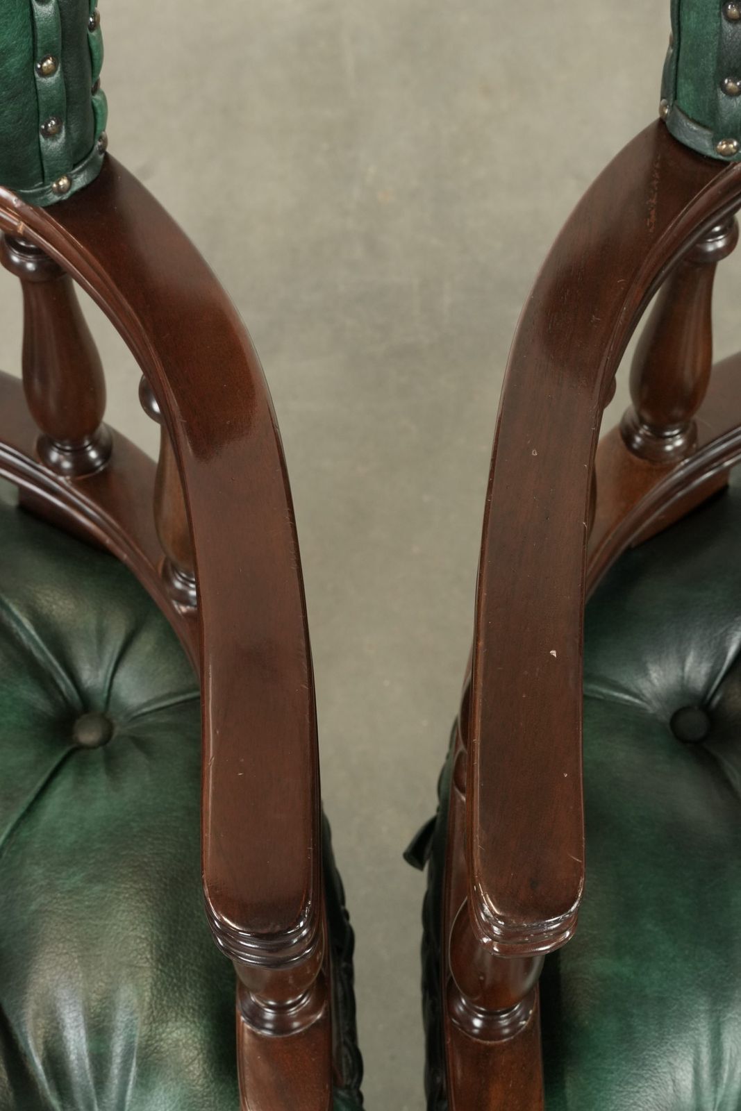 Set Of Two Green Flame Patterned Cowhide Chesterfield Desk Chairs/Side Chairs In English Style photo vintage