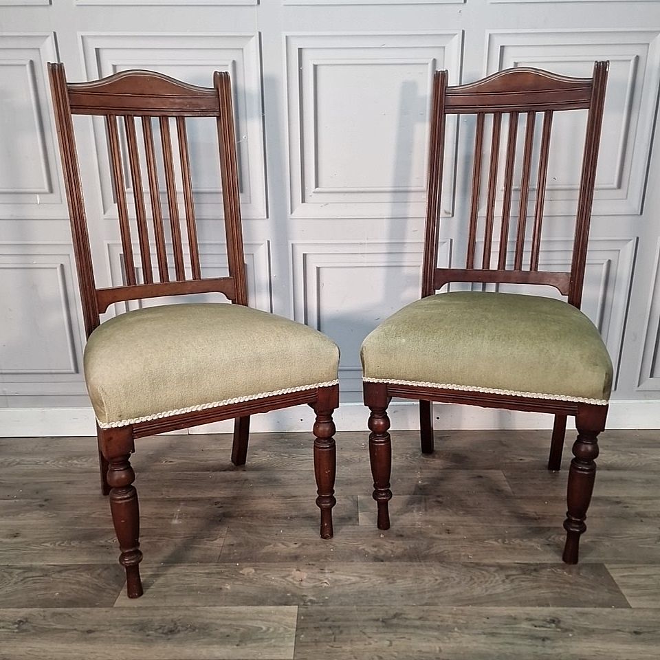 Pair Antique Dining Chairs Slat Back Upholstered Hall Seats Wooden Vintage