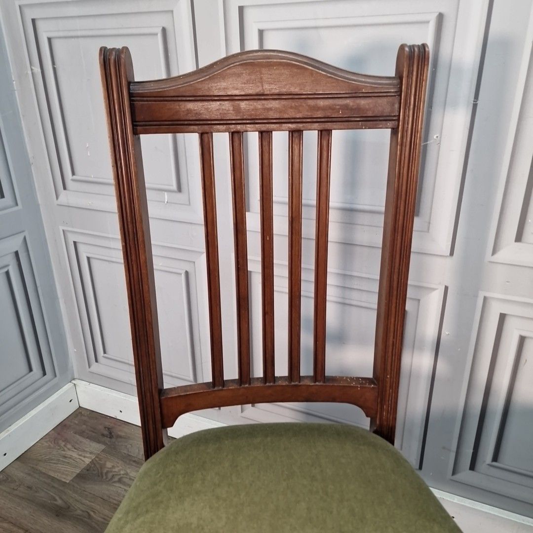 Pair Antique Dining Chairs Slat Back Upholstered Hall Seats Wooden Vintage photo vinterior