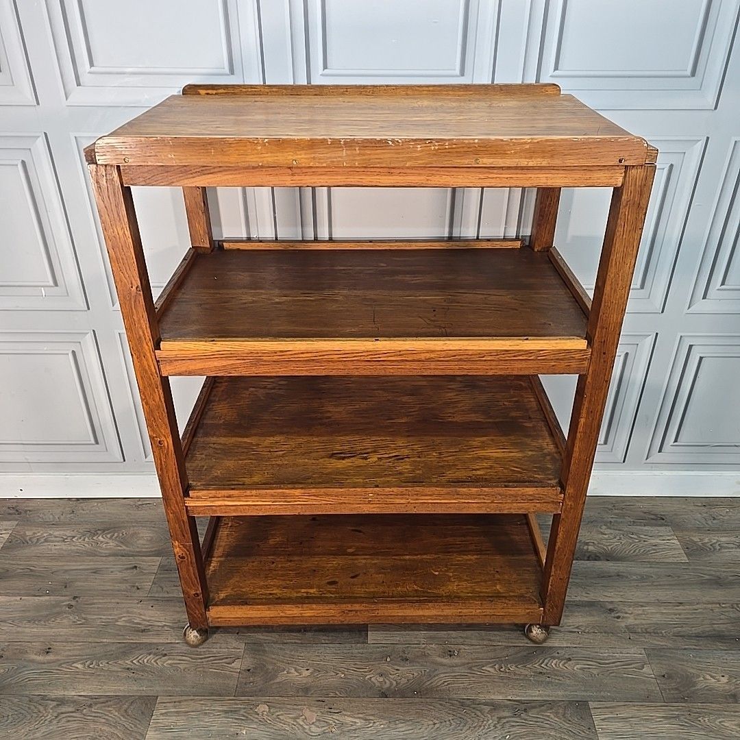 photo furniture Vintage Oak Library Trolley Large Book Tea Cart Shelving Bookcase Solid Wood