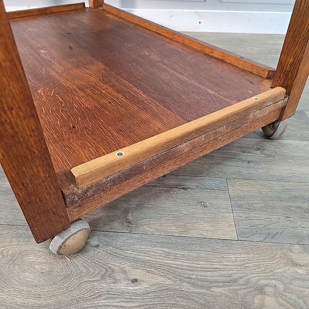 photo buy Vintage Oak Library Trolley Large Book Tea Cart Shelving Bookcase Solid Wood