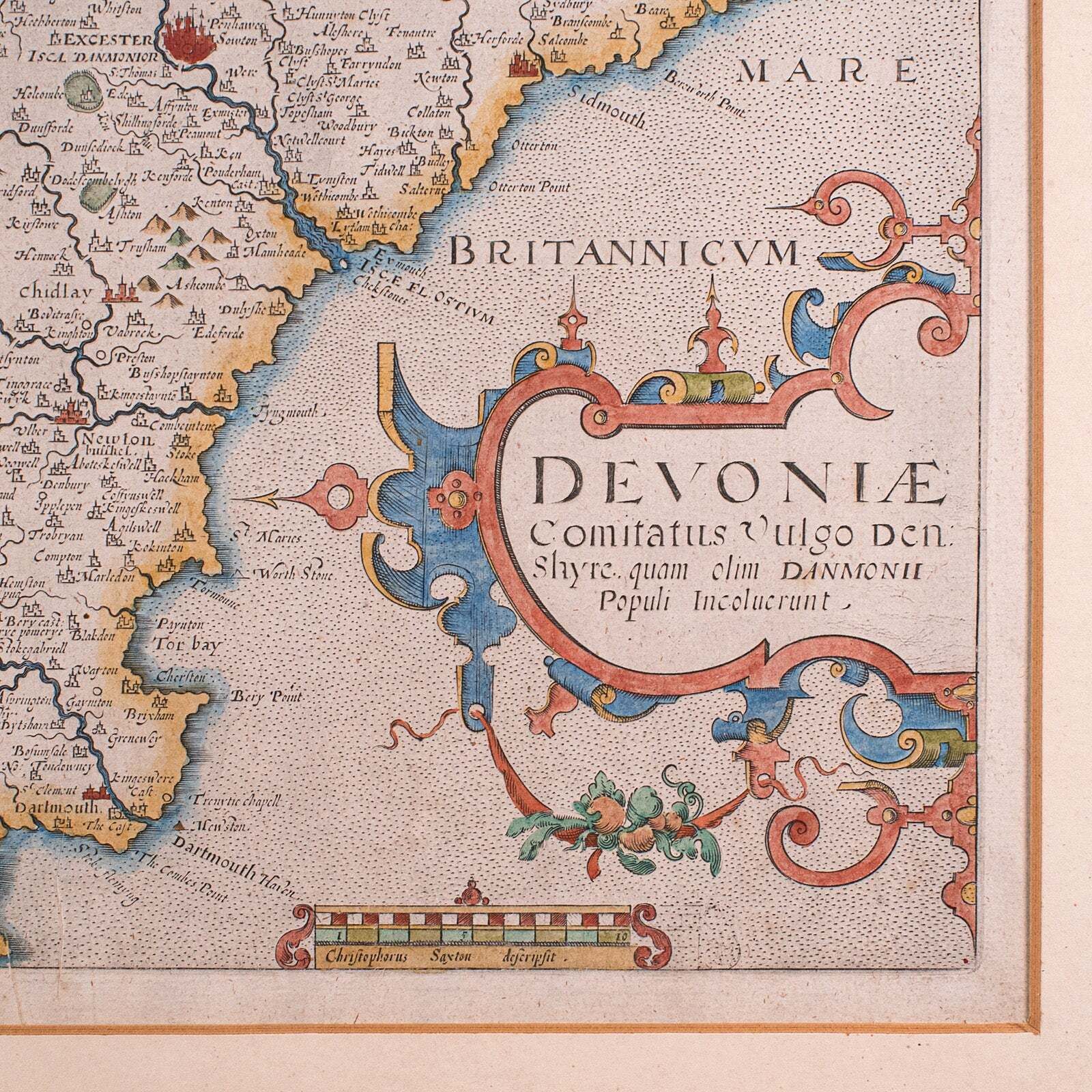 Antique Devon County Map, English, Framed 17th Century Atlas Cartography, C.1650 photo 608.0