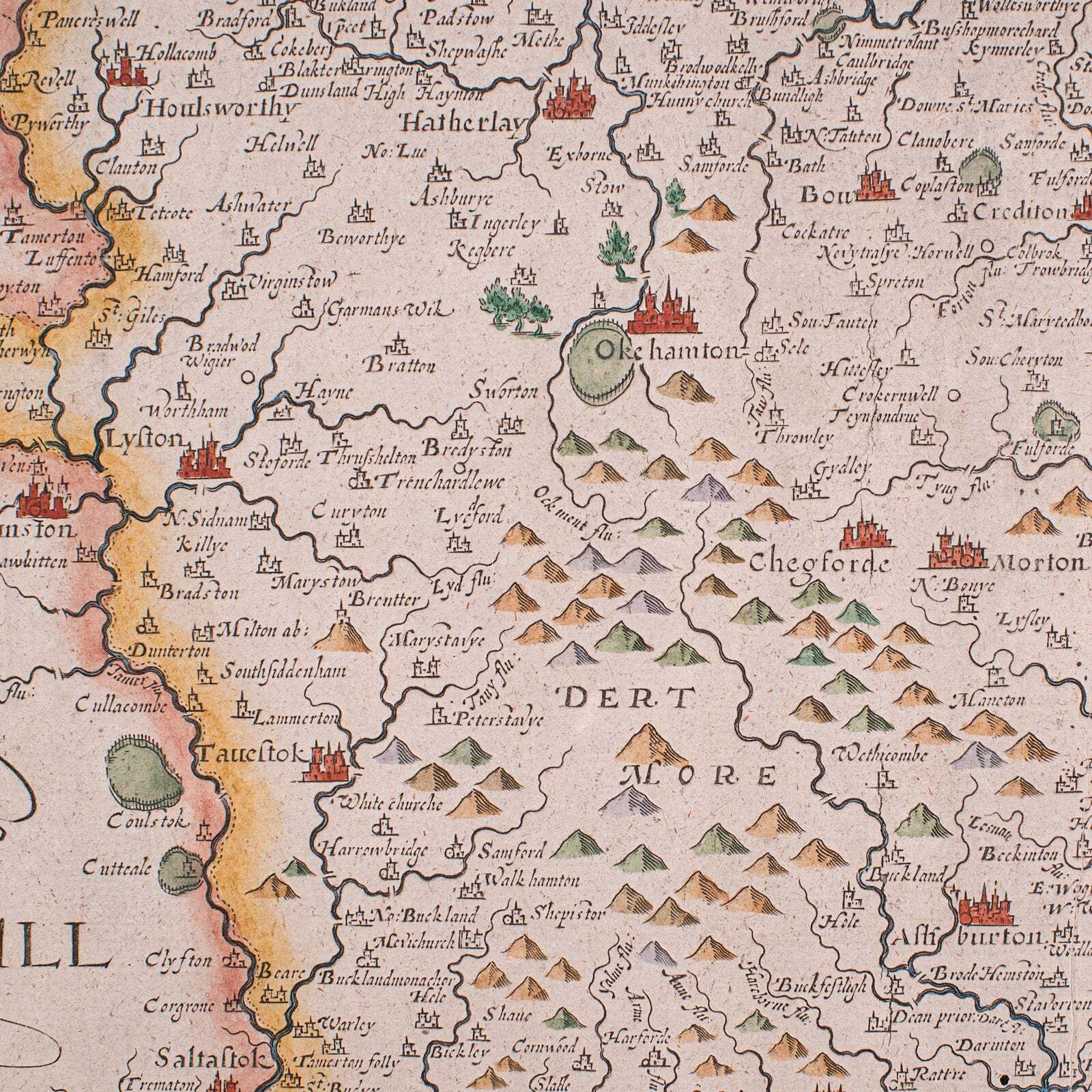 Antique Devon County Map, English, Framed 17th Century Atlas Cartography, C.1650 photo vintage