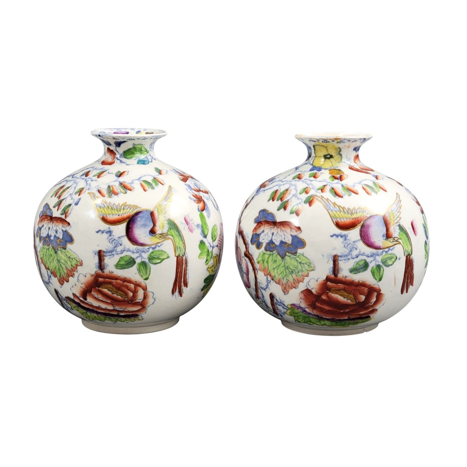 Edwardian Mason’s Very Rare Ironstone Posy Vases, Bird And Peony, C.1900 photo for sale