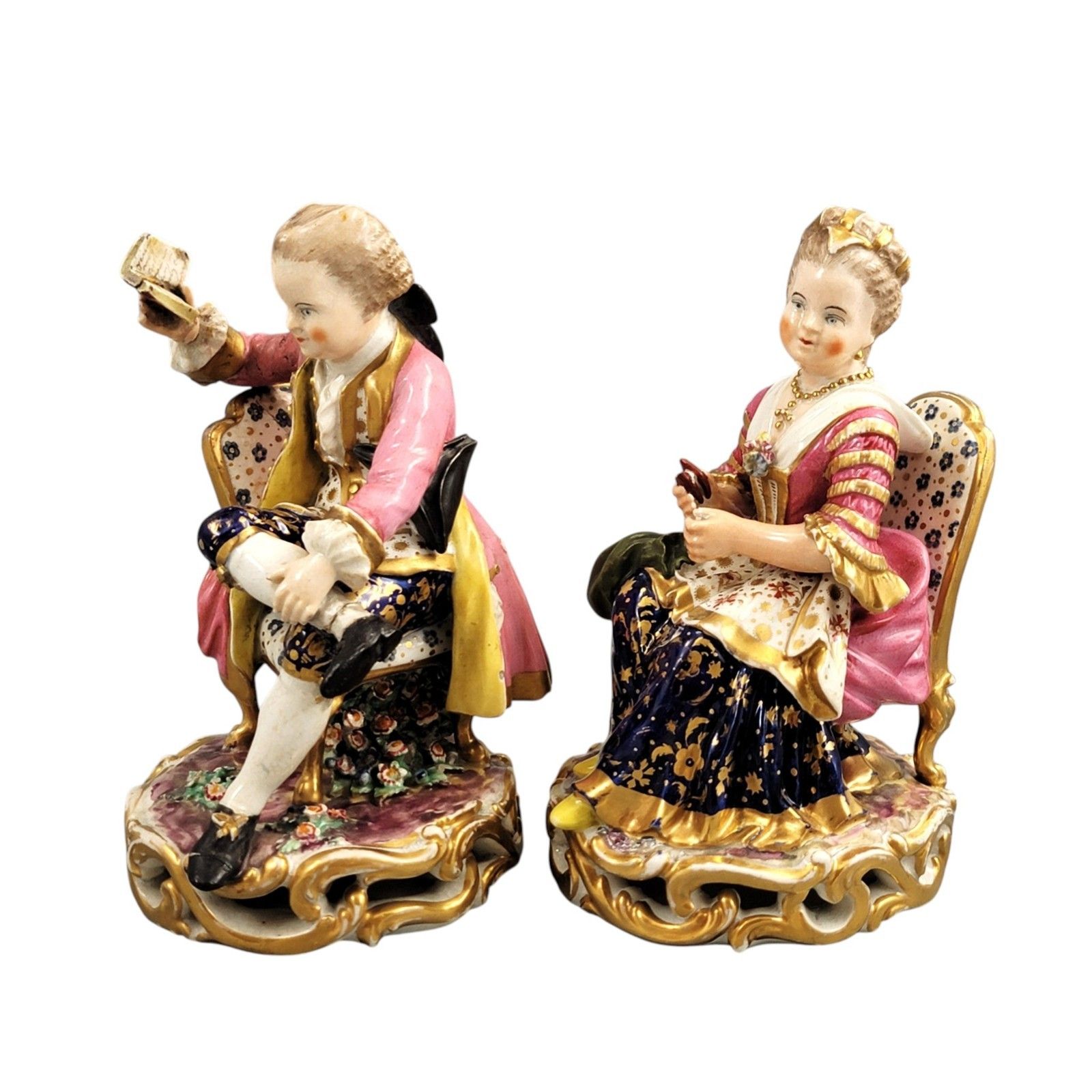 Derby Pair Of Porcelain Figures “Boy Reading A Book And Girl Tatting”, C. 1785 photo furniture