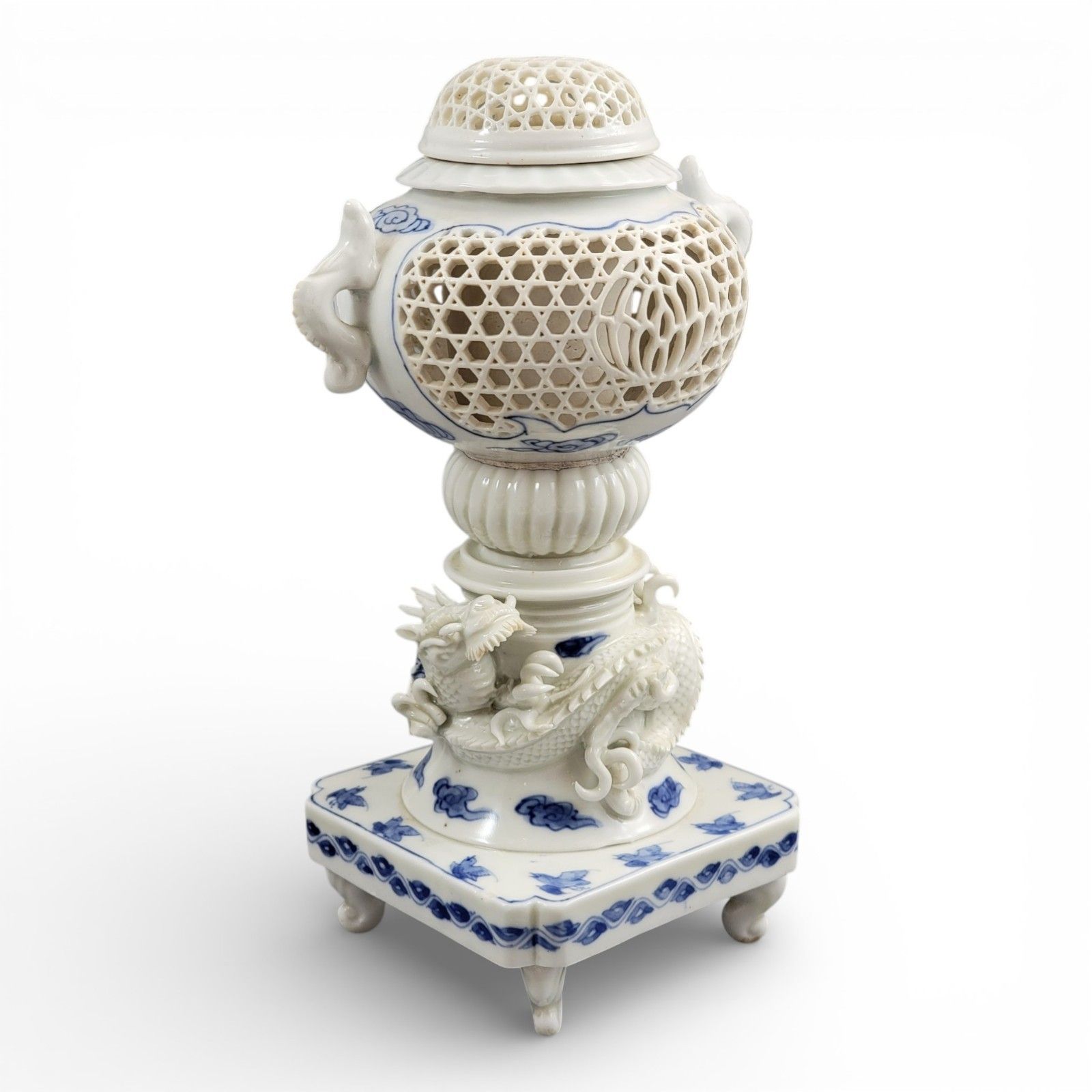 Hirado Porcelain Dragon Reticulated Koro Incense Burner, Meiji Period, C.1880