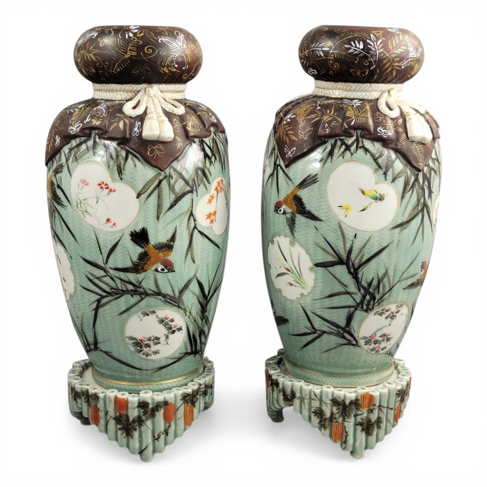 Kato Sanhei Seto Porcelain Vases Meiji Period On Stands Museum Quality Pair