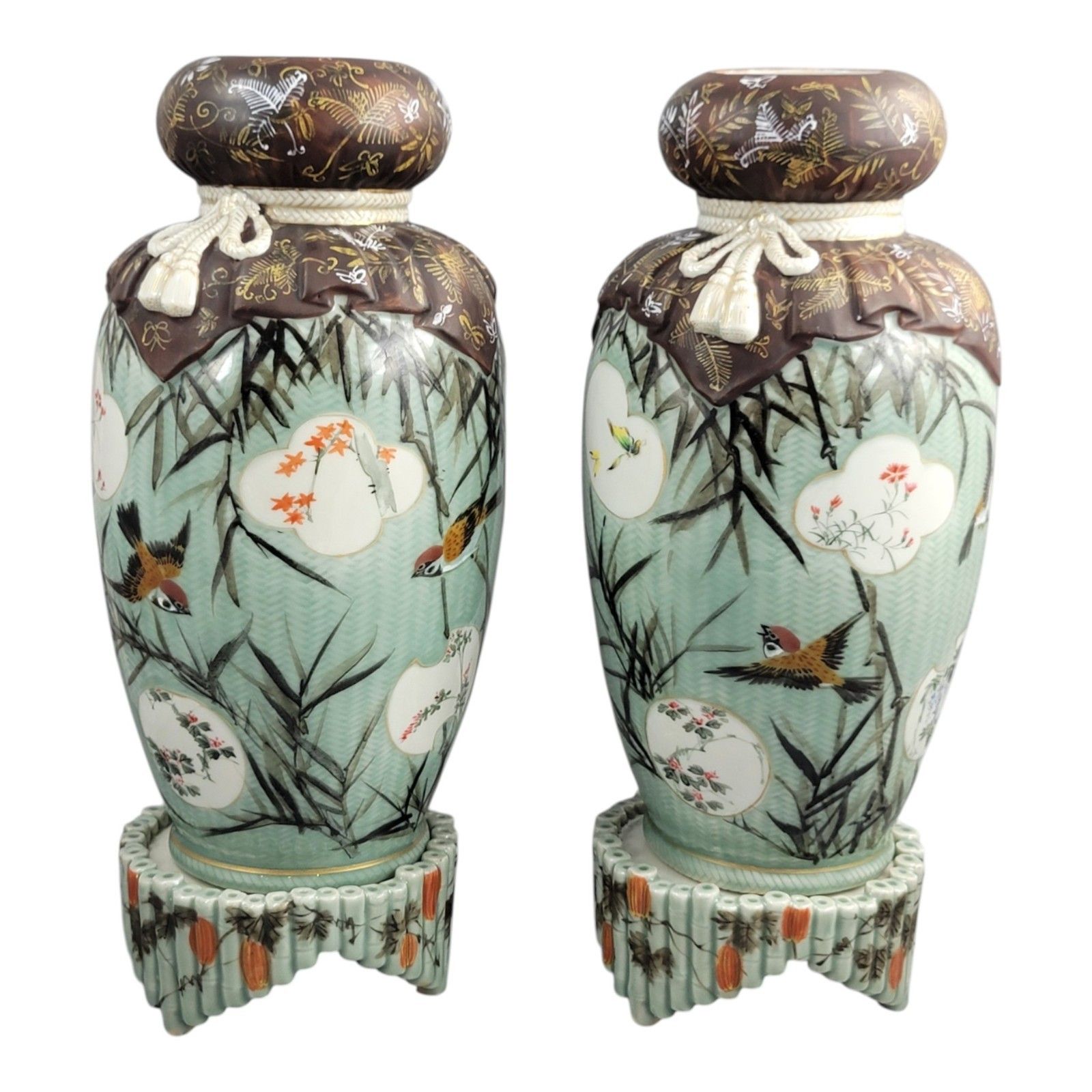 Kato Sanhei Seto Porcelain Vases Meiji Period On Stands Museum Quality Pair photo for sale