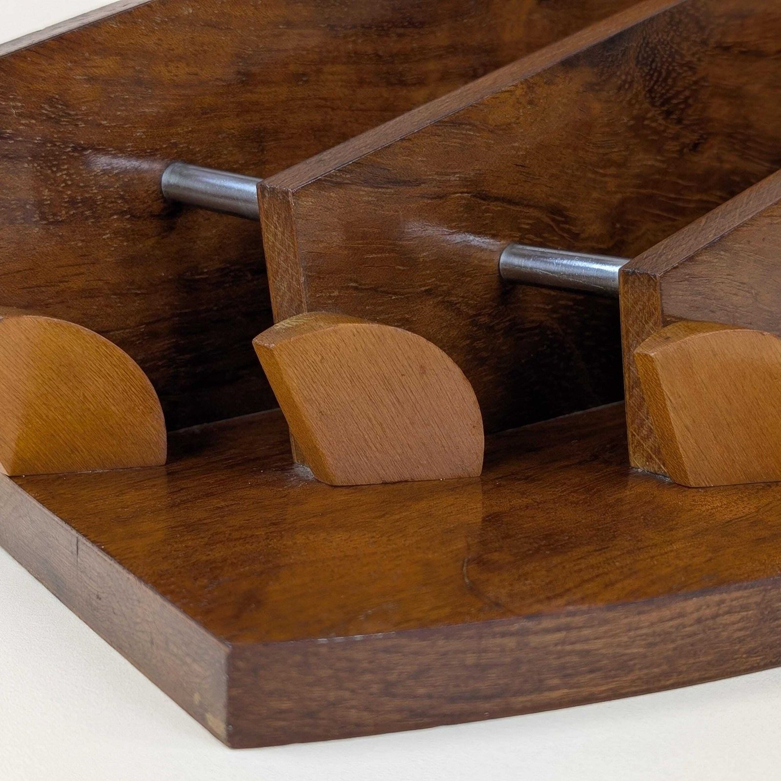 Art Deco Carimantrand Letter Holder, 1930s French Modernist Wooden Desk Organizer, Walnut Geometric Mail Rack photo for sale