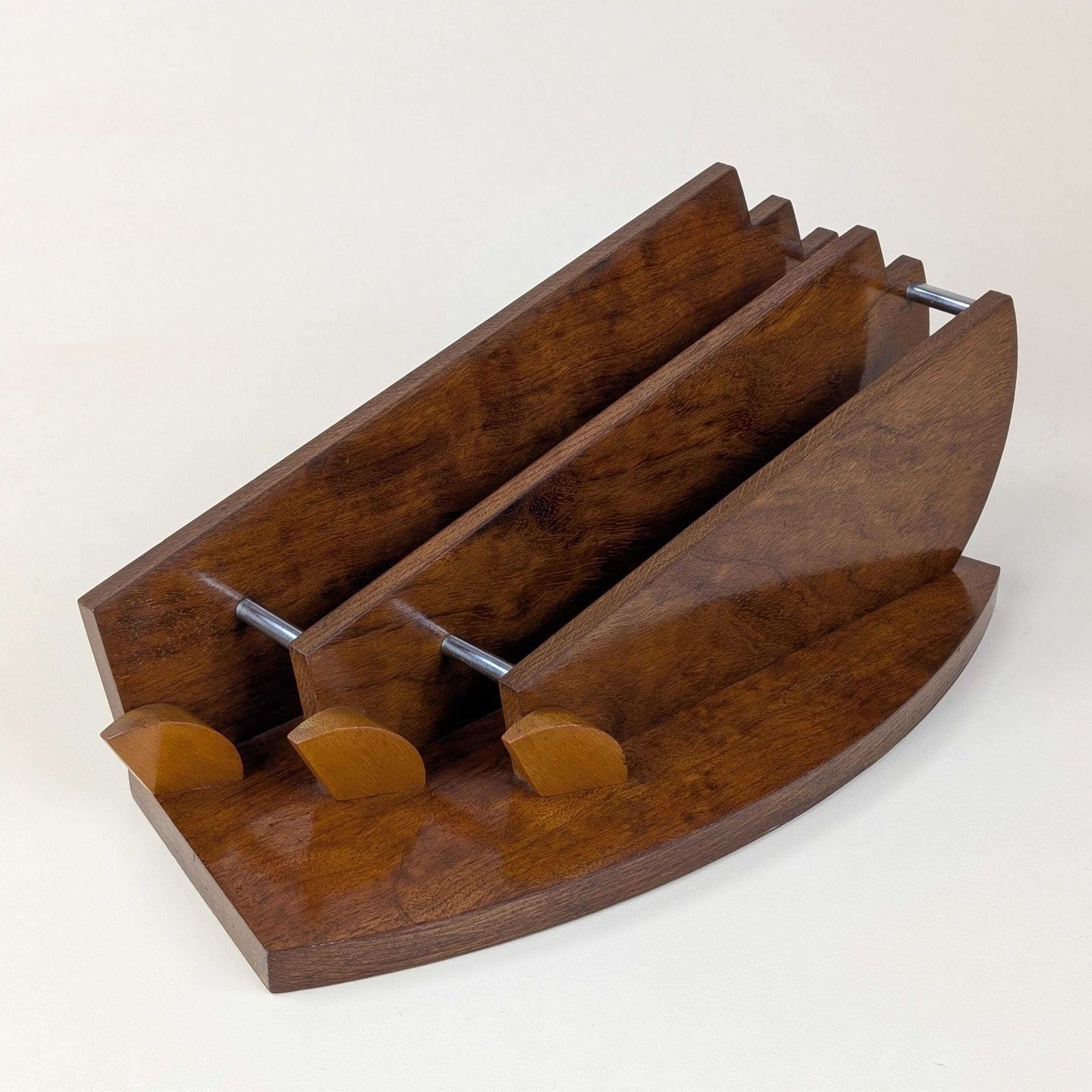 photo for sale Art Deco Carimantrand Letter Holder, 1930s French Modernist Wooden Desk Organizer, Walnut Geometric Mail Rack