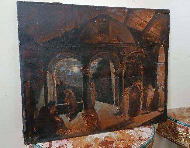 Antique Painting, Large Oil Sketch On Panel, Convent Of The Friars, 19th Century photo furniture