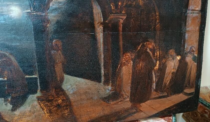 Antique Painting, Large Oil Sketch On Panel, Convent Of The Friars, 19th Century photo vinterior