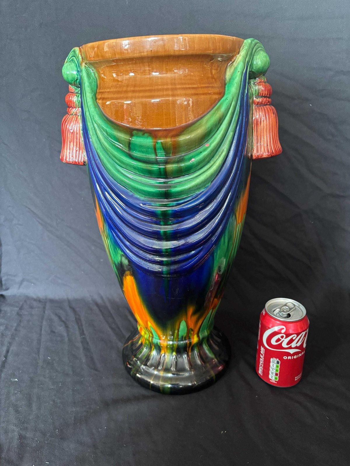Large Vintage Majolica "Swag & Tassel" Vase Sancai Style Pottery Vase 18"