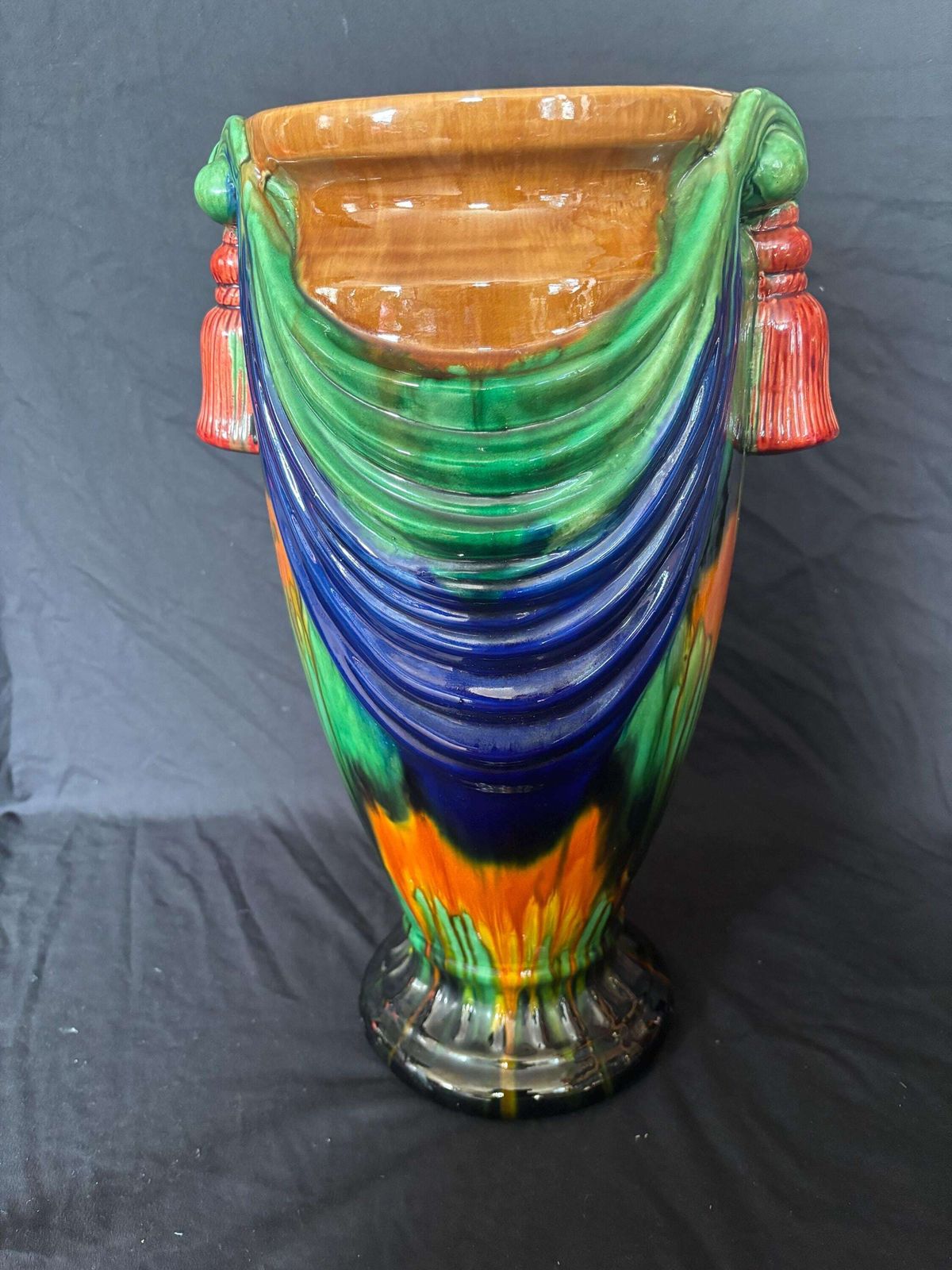 Large Vintage Majolica "Swag & Tassel" Vase Sancai Style Pottery Vase 18" photo for sale