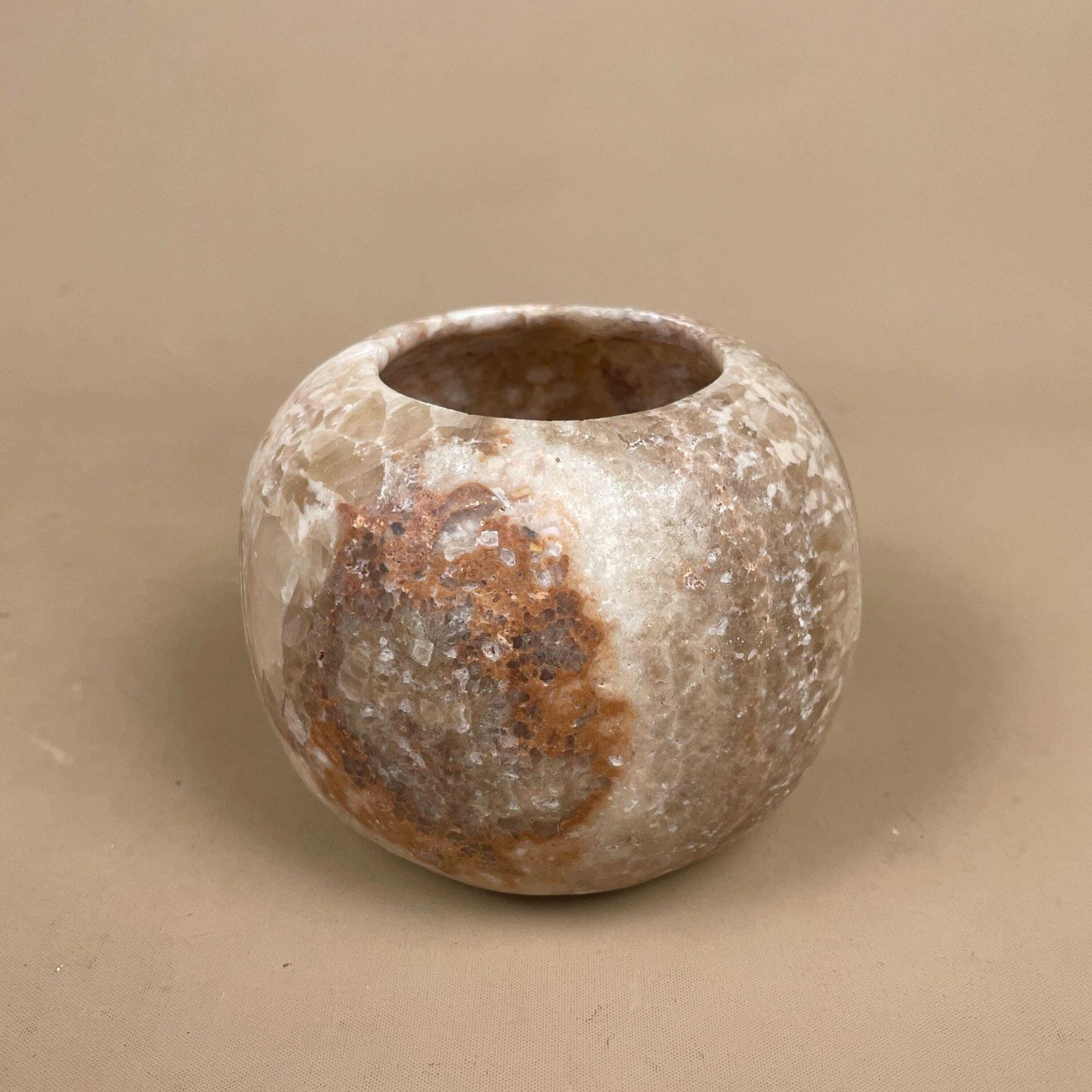 Stone Candle Holder Natural Beige Round Tea Light Holder Ball Table Mantle Display Cream Decorative Polished Rock