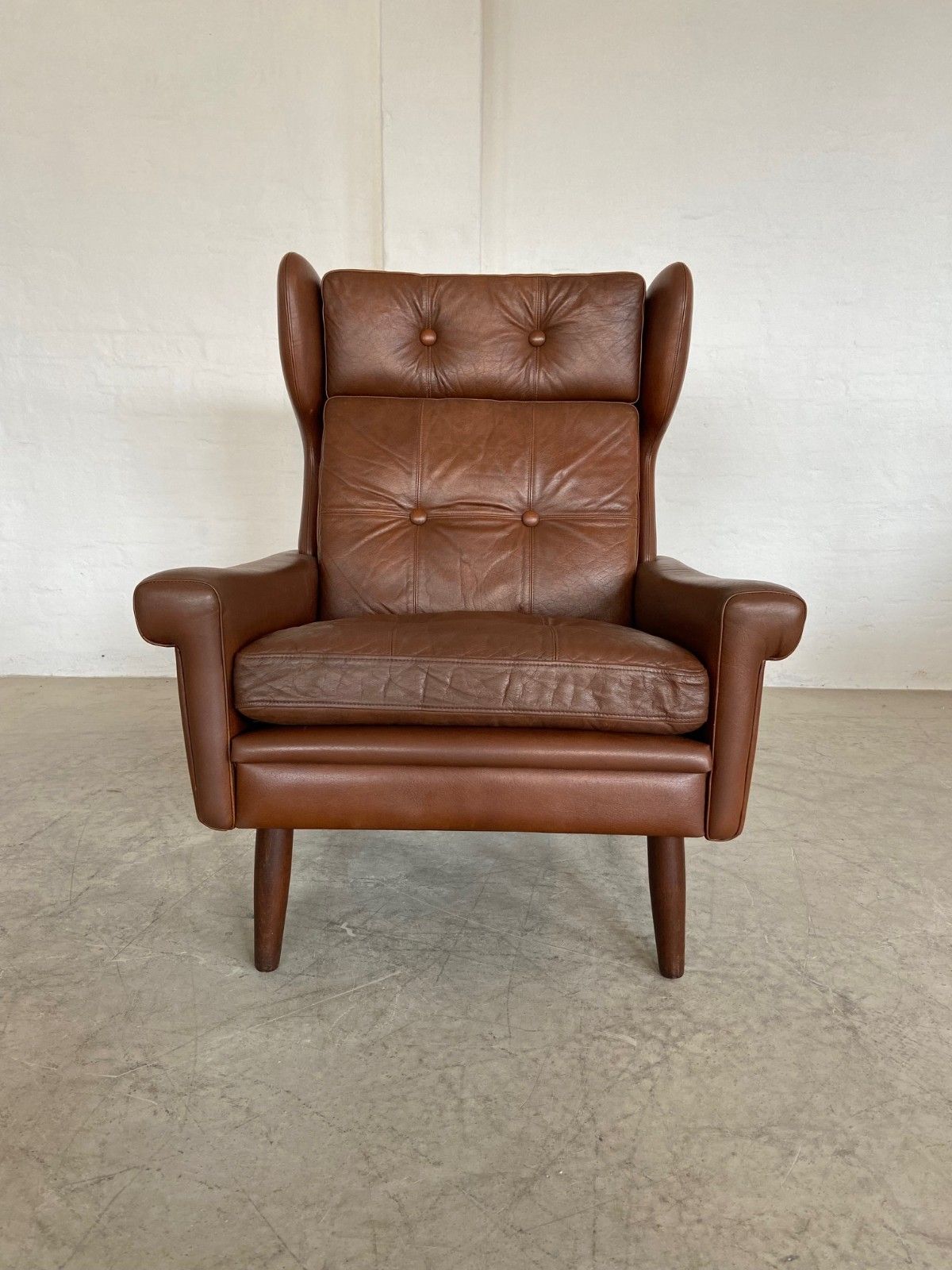 Vintage Danish  Retro Svend Skipper  Ear Flap Lounge Chair In  Cognac  Leather