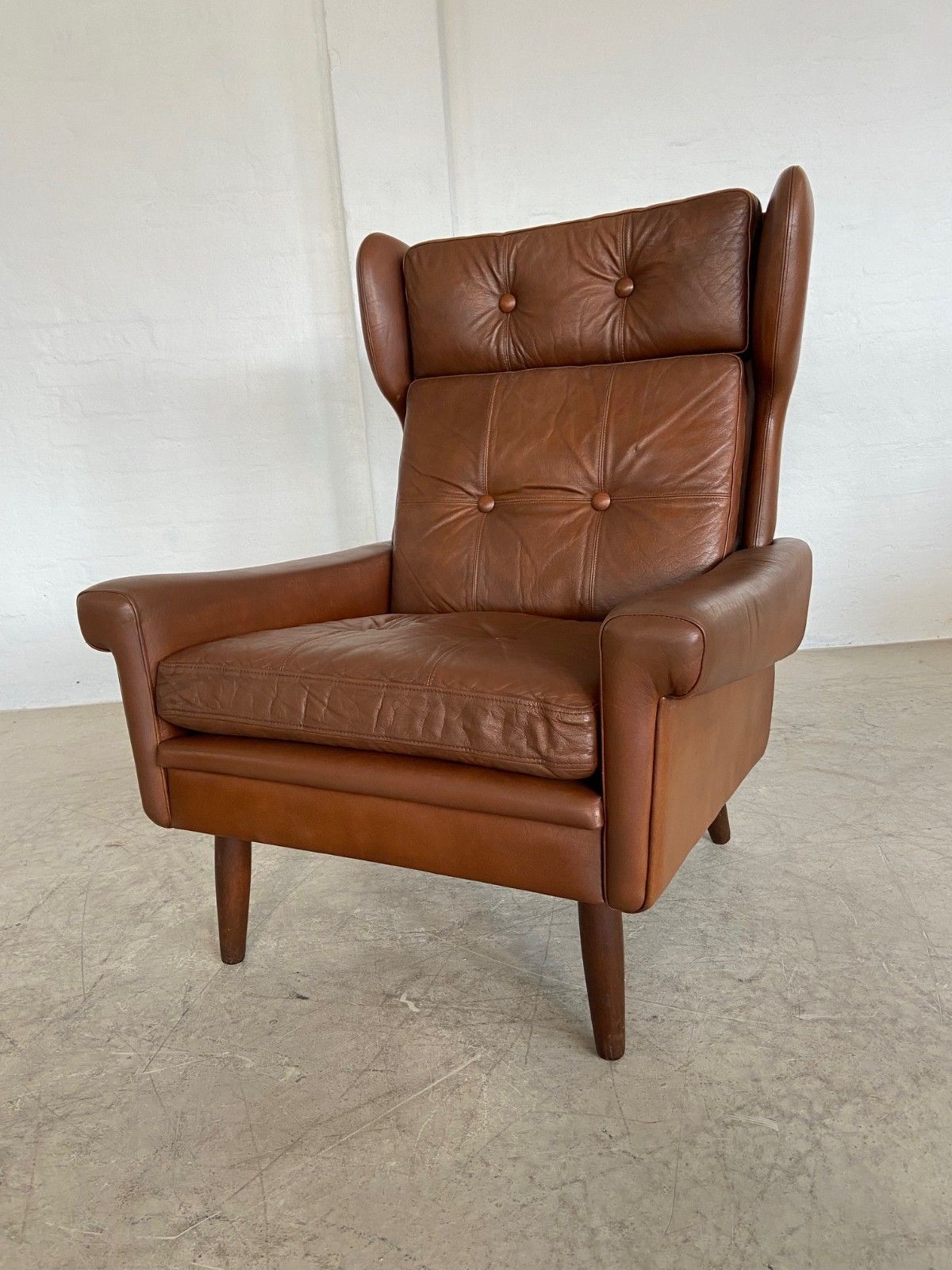 photo for sale Vintage Danish  Retro Svend Skipper  Ear Flap Lounge Chair In  Cognac  Leather