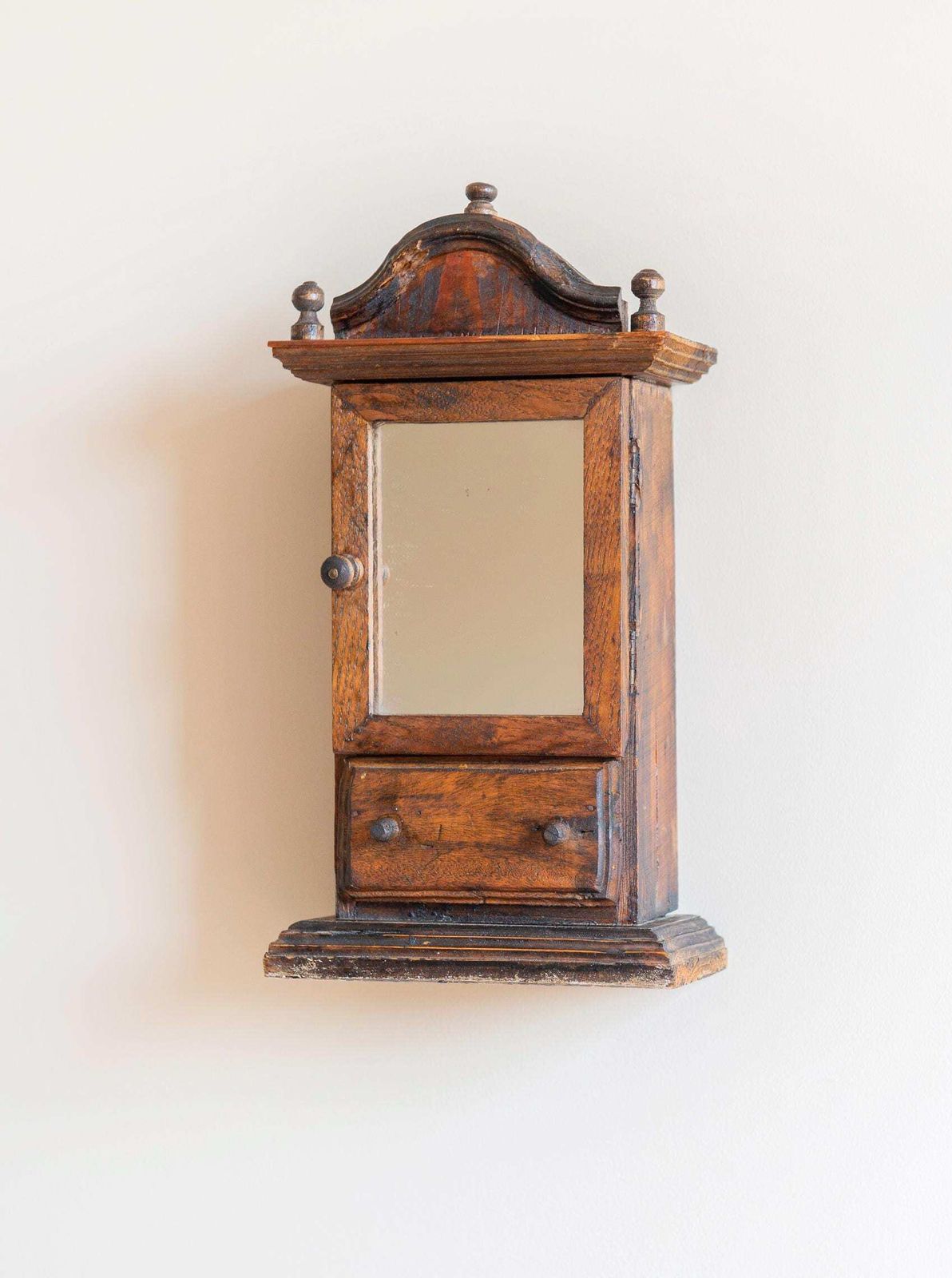 Antique Miniature Mirror Cabinet – Folk Art Wooden Wall Cupboard With Drawer, 19th Century photo furniture