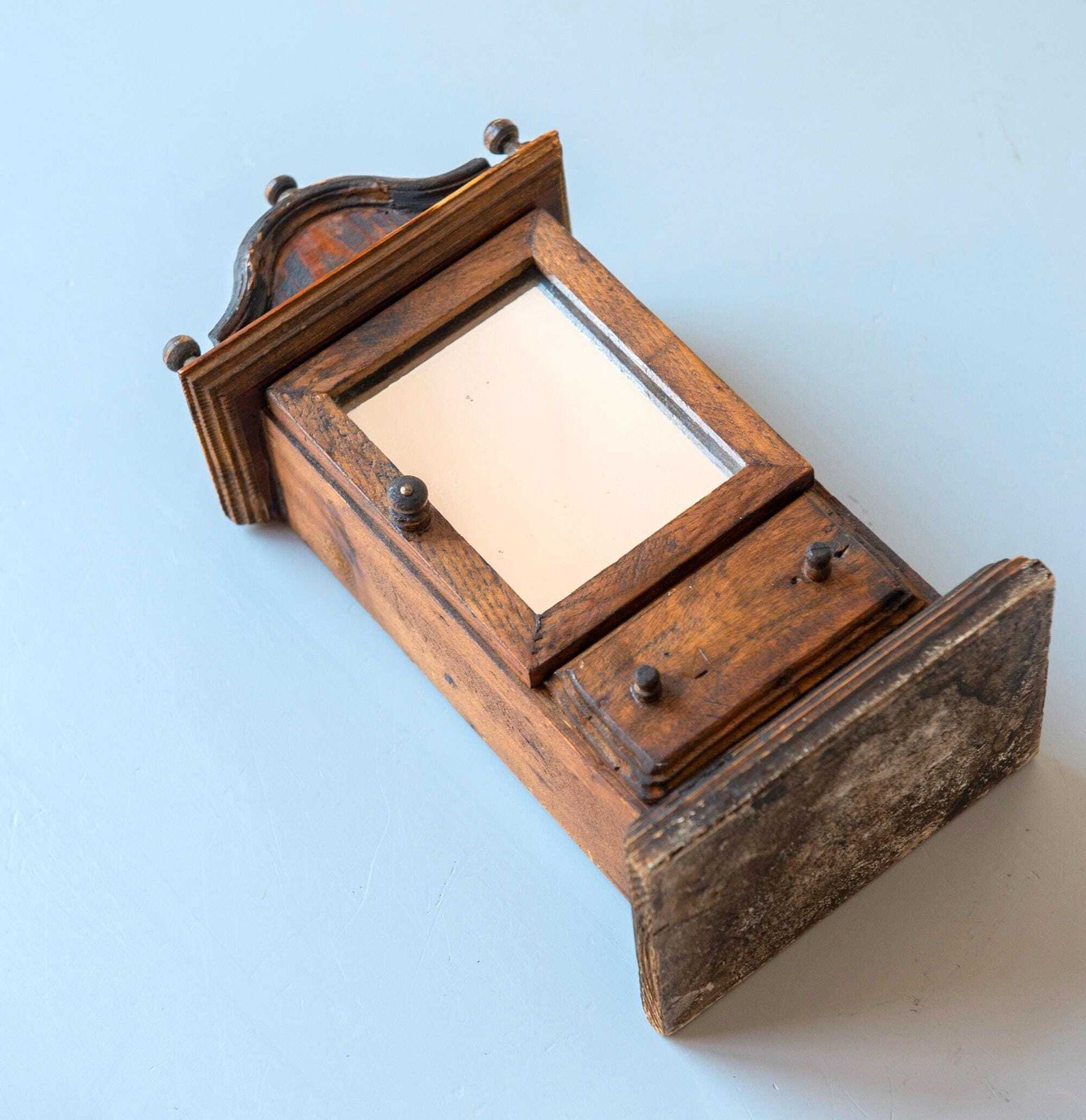 233.0 Antique Miniature Mirror Cabinet – Folk Art Wooden Wall Cupboard With Drawer, 19th Century photo