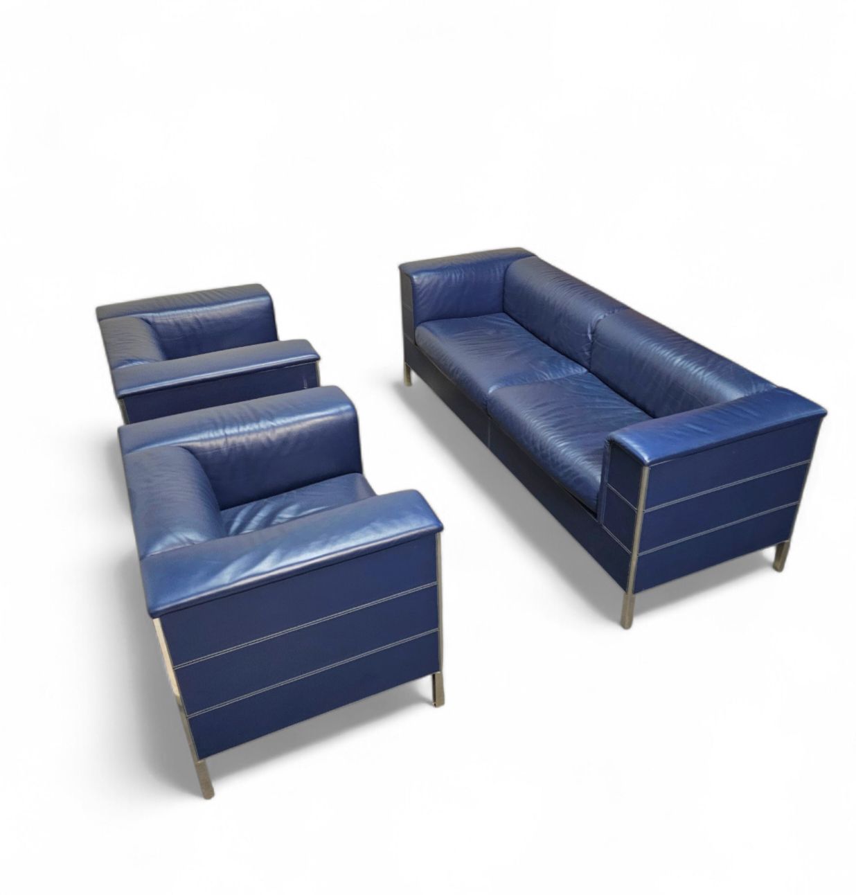 Poltrona Frau Set / Dark Blue Leather / Talus / Sofa   Chairs   / 3 Seater / 2 X Lounge Chair photo vintage