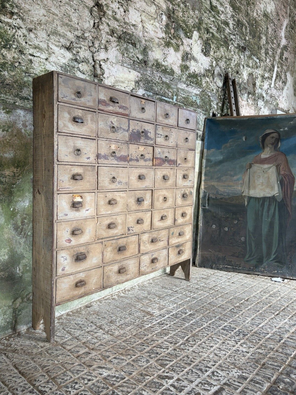 photo furniture Large French Apothecary Cabinet, 38 Drawers, Original Paint & Labels, Tarn C.1900–1920