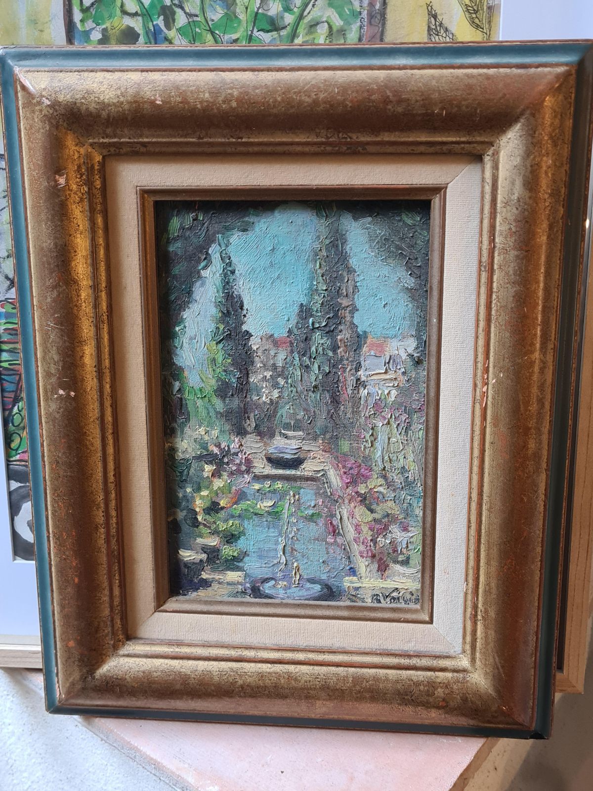 Mediterranean Garden Impressionist Oil Painting, 38x30 Cm By R Voisig photo vintage