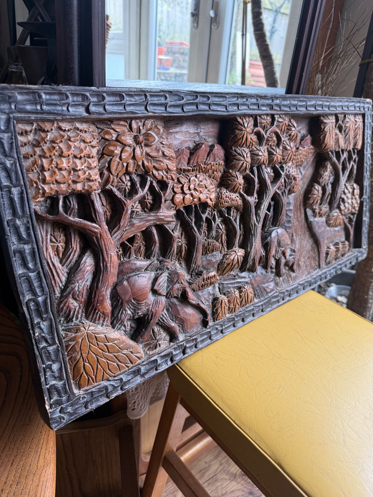 Vintage Hand Carved Wooden Elephant Jungle Scene Wall Panel – Hand Chiseled Wildlife Relief Art