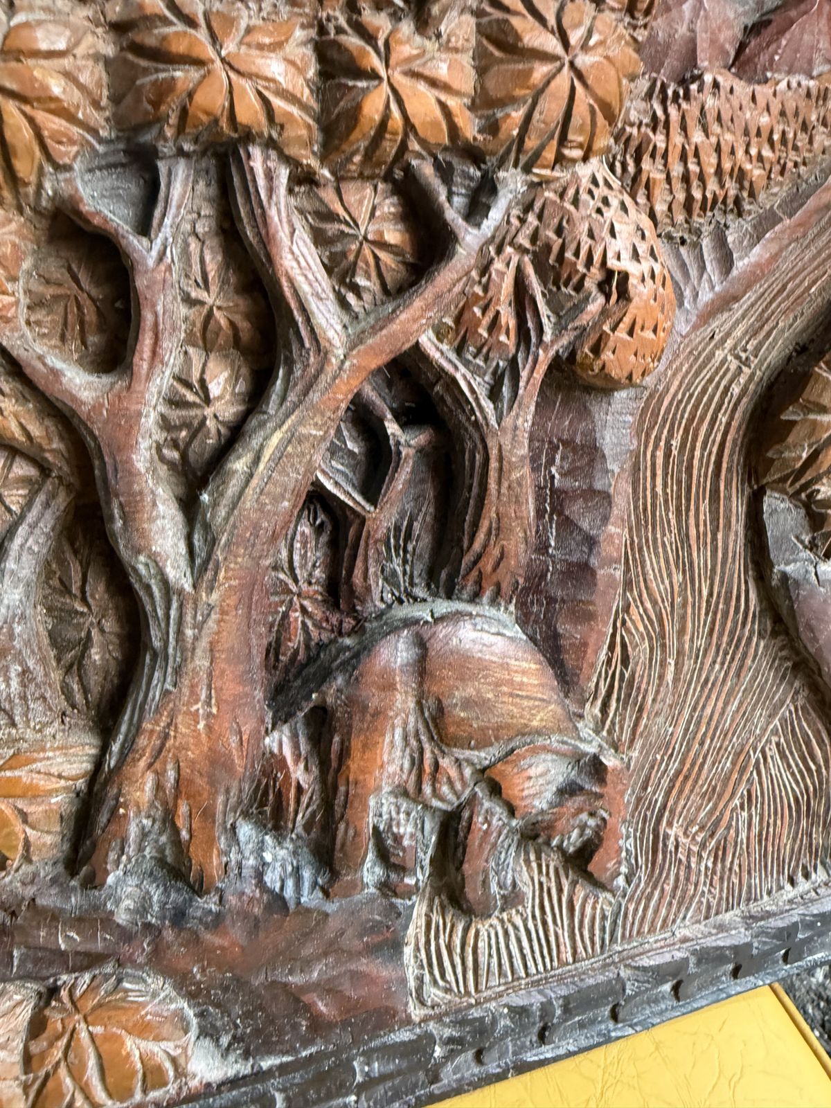 Vintage Hand Carved Wooden Elephant Jungle Scene Wall Panel – Hand Chiseled Wildlife Relief Art photo furniture